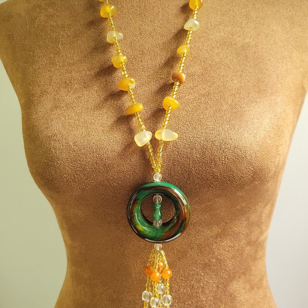 Long Beaded Tassel Necklace Green Resin Ring Stone Chips 26 Inch Goblincore